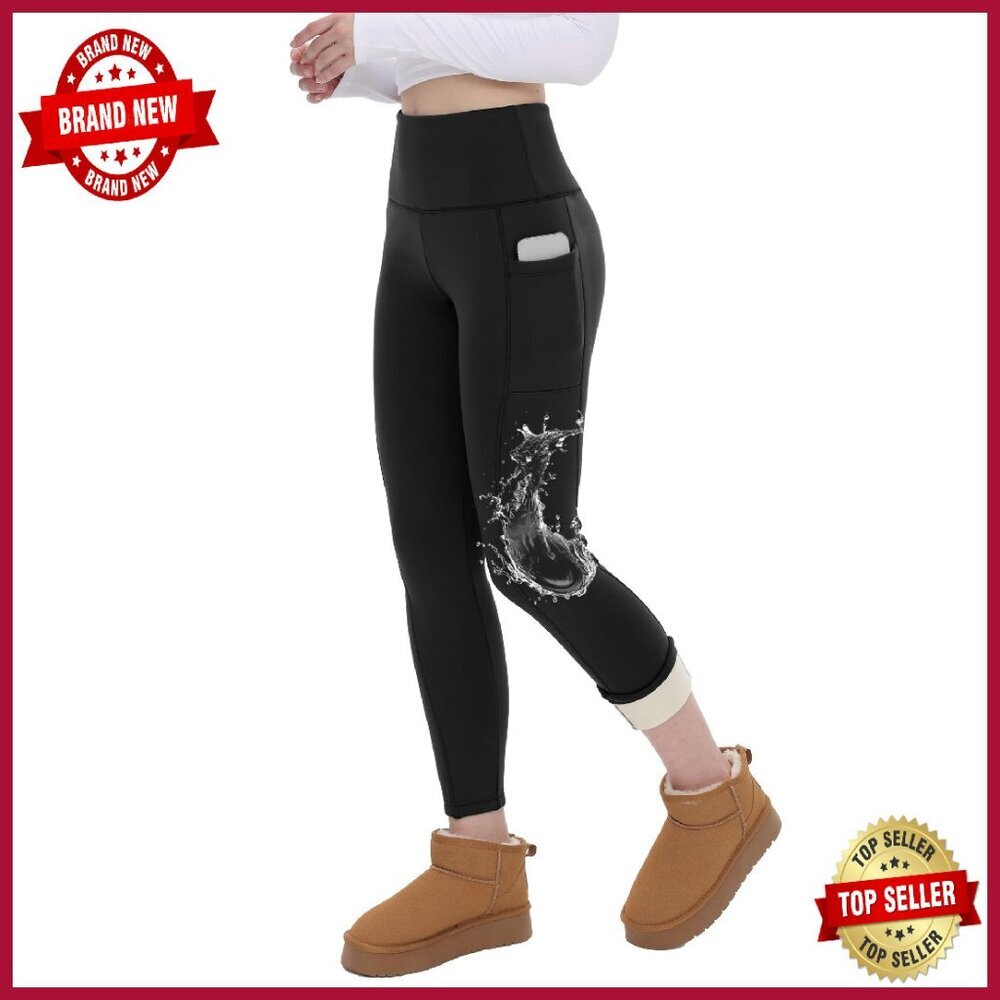 Fleece Lined Thermal Leggings High Waist Water Resistant Pockets Winter